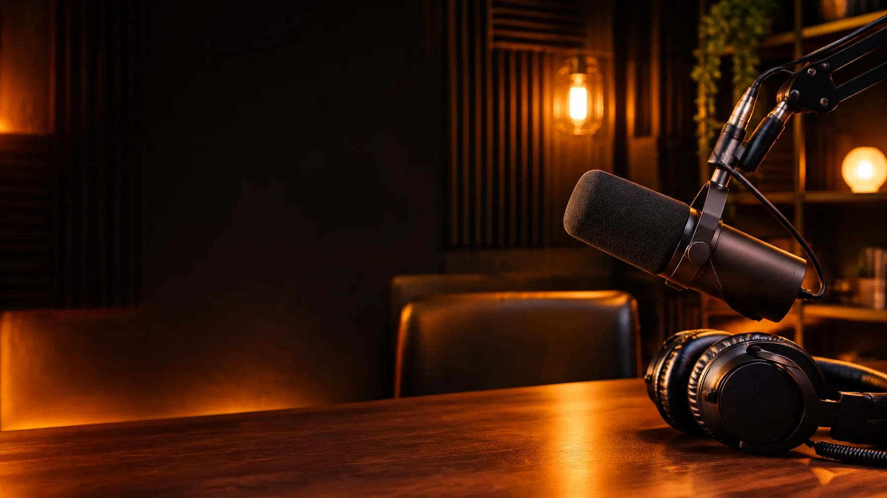 A warmly lit podcast studio with a microphone and headphones